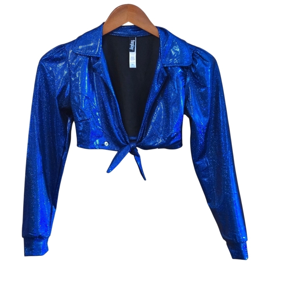 Forplay Sparkly Blue Tie-Front Jacket Women XS Cosplay Party Crop Top